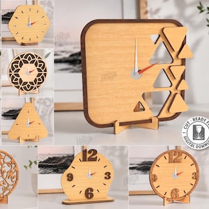 May include: A collection of ten laser-cut wooden clock designs. The clocks feature various shapes, including square, round, and geometric designs. The clocks have a natural wood color with black or red clock hands. The image also includes text that says "10 Designs" and "Digital Download".