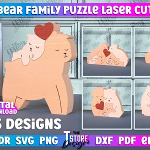 Quebra-cabeça da família do urso cortado a laser, arquivos de corte a laser do quebra-cabeça da família, quebra-cabeça da família do urso de madeira personalizado, corte a laser 3D, estatuetas de urso personalizadas svg