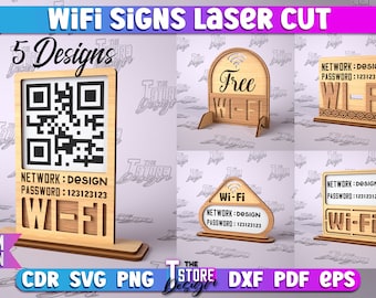 May include: Five different designs for laser cut WiFi signs. The signs feature a QR code, the words "Free WiFi", and the text "Network: Design, Password: 123123123". The signs are made of wood and are 3mm thick.