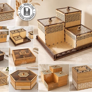 Puede incluir: Una colección de cajas de almacenamiento y organizadores de madera cortados con láser con patrones geométricos intrincados, tapas con pomos pequeños y un grosor de material de 3 mm, disponibles para descarga digital.