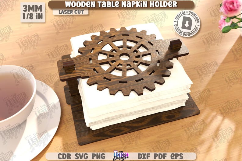 May include: Wooden table napkin holder with a gear-shaped top. The laser-cut design is made of dark brown wood and holds a stack of white napkins. The text "WOODEN TABLE NAPKIN HOLDER" is visible.