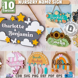 以下が含まれることがあります： レーザーカットされた10個の保育園の名前看板のコレクション。Charlotte & Benjamin、Amelia、Oliviaなどの名前が、星、雲、花などの装飾要素とともに表示されています。各看板は木製で、吊り下げ用の紐が付いています。