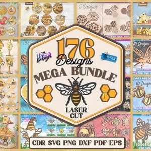 Op de afbeelding: Een verzameling lasergesneden ontwerpen met bijen, honingraten en gerelateerde thema's. De afbeelding bevat diverse decoratieve items, borden en oorbellen. De centrale afbeelding luidt "176 Designs MEGA BUNDLE".