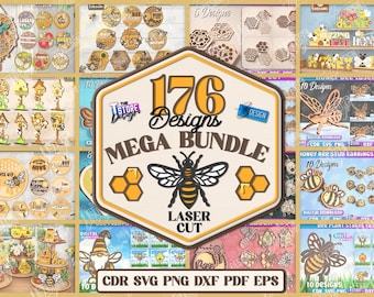 176 Honey Bee Mega Bundle Laser Cut, 3d bee Mega Bundle, Honey bee wall art laser cut, honey bee tiered tray svg, door signs svg, bumblebee