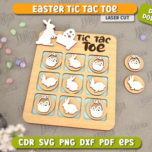 May include: A wooden Easter tic-tac-toe game featuring a bunny and egg design. The game board has nine squares with images of bunnies and baskets of eggs. The game is laser cut and comes with a digital download.