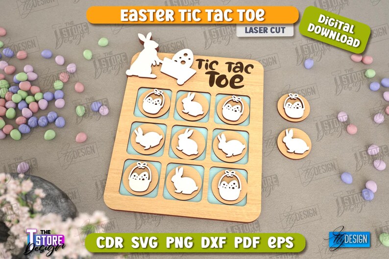 May include: A wooden Easter tic-tac-toe game featuring a bunny and egg design. The game board has nine squares with images of bunnies and baskets of eggs. The game is laser cut and comes with a digital download.