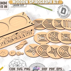 May include: A wooden Spirograph kit with laser-cut pieces. The kit includes a box, various circular and geometric shapes, and the text "Explore geometric wonders with a Spirograph." The box is approximately 15 cm wide.
