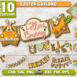 Ostergirlande Laser geschnitten Bundle, Frohe Ostern Girlande svg, 3D Osterhase Banner svg, Hasengirlande, Wanddekor, Wimpelkette svg
