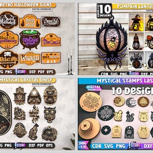May include: A collection of laser-cut Halloween-themed designs, including signs, lanterns, shelves, and stamps. The signs feature phrases like "Trick or Treat" and "Witches Kitchen." The lanterns and shelves have intricate designs. The stamps include mystical symbols.