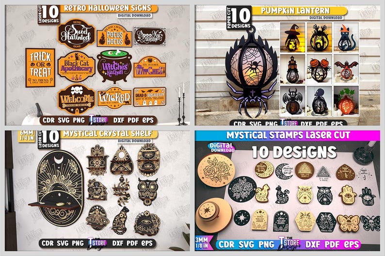 May include: A collection of laser-cut Halloween-themed designs, including signs, lanterns, shelves, and stamps. The signs feature phrases like "Trick or Treat" and "Witches Kitchen." The lanterns and shelves have intricate designs. The stamps include mystical symbols.