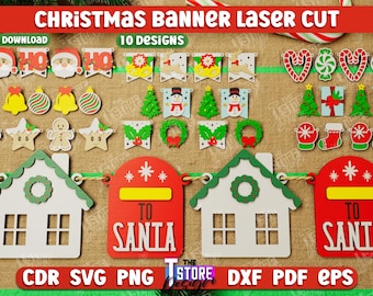 3D Christmas Banners Laser Cut bundle, Xmas Layered Garland laser cut, Christmas Banners Garland, Wall Decor, Bunting Banner svg