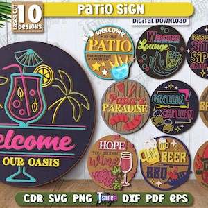Patio Signs Laser Cut Bundle, Summer Door Signs SVG, Round Door Hanger SVG, Welcome Round Sign, Welcome To Our Patio Sign, Outdoor Decor SVG
