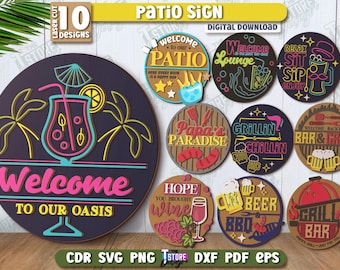 Bundle de panneaux de terrasse découpés au laser, panneaux de porte d'été SVG, accroche-porte rond SVG, panneau rond de bienvenue, panneau Bienvenue dans notre patio, décoration extérieure SVG