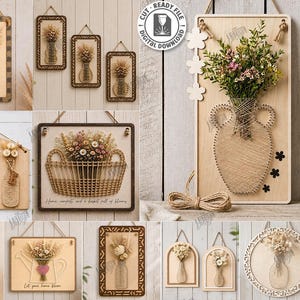 May include: A collection of ten laser-cut wooden wall art designs featuring string art vases, baskets, and watering cans filled with dried flowers. The set includes digital file formats like SVG, CDR, and PDF for various cutting machines.