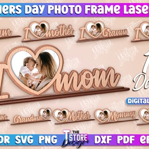 Standing Heart Shape Photo Frame | Mother&#39;s Day Photo Frame Laser Cut SVG Bundle | 3D Mom Photo Frame SVG Design | Laser Cut Files