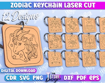 Zodiac Signs Keychain Lasercut, Astrology SVG, Round Horoscopes Keychain, Wooden zodiac keychains bundle, personalized engraved keyring