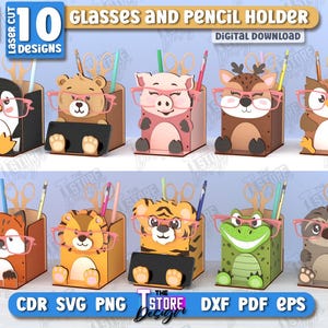 Peut inclure: Dix porte-lunettes et porte-crayons sur le thème des animaux, découpés au laser. Chaque support présente un animal différent portant des lunettes roses, dont un pingouin, un ours, un cochon, un cerf, un hibou, un renard, un tigre, une grenouille et un paresseux.
