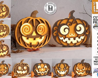 Halloween-Kürbislaterne SVG – Lasergeschnittene Kürbislaterne als Leuchtkasten – Mehrschichtige Kürbislampe – Gruselige Halloween-Deko – LED-Nachtlicht SVG