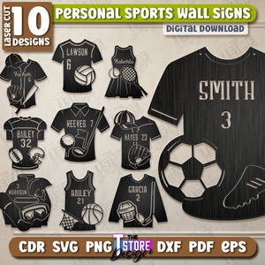 Sports Wall Sign Laser Cut Bundle, Personalized Sports Decor with Childs Name, Gift Idea, Sports-Themed Monograms, Wooden Football Name Sign