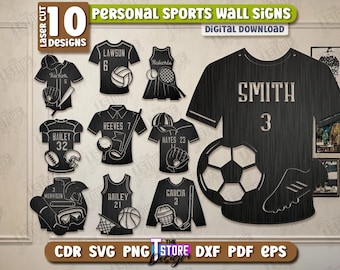 Sport-Wandschild, Laser Cut Bundle, personalisierte Sport-Dekor mit Kindername, Geschenkidee, Sport-Thema Monogramme, Holz-Fußball-Namensschild