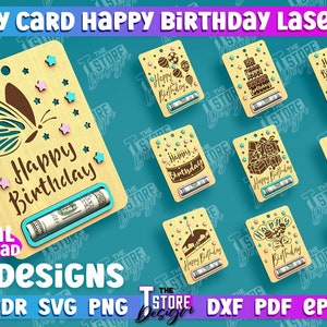 Cartão de dinheiro de aniversário cortado a laser, porta-dinheiro de aniversário cortado a laser, design de porta-notas, porta-cartão de presente de dinheiro de aniversário, citações de aniversário