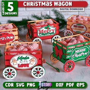 Paquete de vagones navideños 3D cortados con láser, trineo de Papá Noel navideño cortado con láser, estante de madera, SVG de Feliz Navidad, porta dulces navideños, caja de golosinas SVG