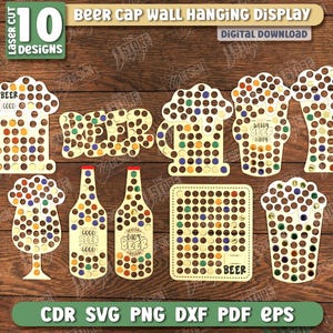 Może przedstawiać: Drewniany wieszak na kapsle do piwa z 10 wzorami wyciętymi laserowo. Wzory obejmują kufle, butelki i szklanki do piwa, każdy wypełniony kolorowymi kapslami. Widoczny jest napis "BEER".