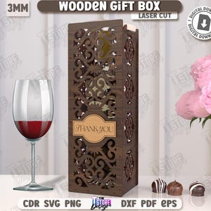 May include: A laser-cut wooden gift box with an intricate design, featuring the text "THANK YOU" on a label. A wine glass with red wine and a bouquet of pink roses are also present. The box is designed for a digital download.