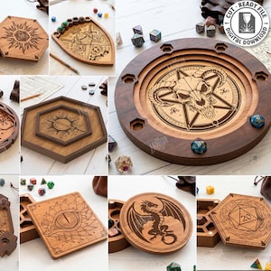 K&ouml;nnte beinhalten: Eine Sammlung lasergeschnittener Holzdesigns, darunter W&uuml;rfelablagen und dekorative Untersetzer. Die Designs zeigen aufwendige Gravuren eines Drachen, einer Sonne, eines Auges und eines Sch&auml;dels mit einem Pentagramm. Der Text "10 Designs" und "Digital Download" sind sichtbar.
