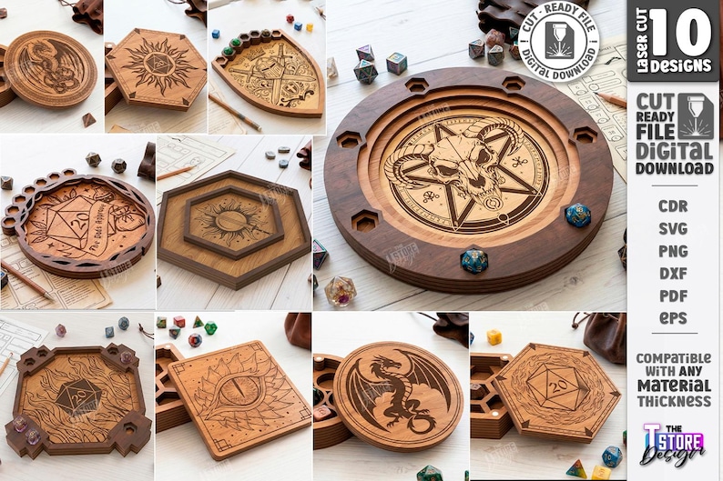 K&ouml;nnte beinhalten: Eine Sammlung lasergeschnittener Holzdesigns, darunter W&uuml;rfelablagen und dekorative Untersetzer. Die Designs zeigen aufwendige Gravuren eines Drachen, einer Sonne, eines Auges und eines Sch&auml;dels mit einem Pentagramm. Der Text "10 Designs" und "Digital Download" sind sichtbar.
