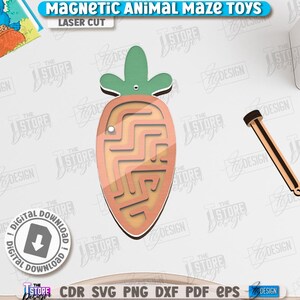May include: A laser-cut wooden carrot-shaped magnetic maze toy with a green top and a light brown maze design. Includes a wooden stylus and the text "MAGNETIC ANIMAL MAZE TOYS" and "LASER CUT". A digital download icon is also present.