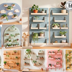 May include: A collection of ten laser-cut pegboard wall organizer designs in various shapes and colors, featuring modular shelves for potted plants. The digital file set includes formats like SVG, DXF, and PDF for 6mm material thickness.