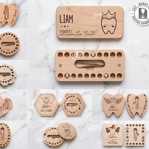 May include: A collection of laser-cut wooden tooth keepsake boxes in various shapes including tooth, heart, circle, hexagon, and rectangle. Each box features engraved names, illustrations, and holes for baby teeth, with some including metal tweezers.