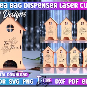 May include: Ten laser cut designs for a tea bag dispenser. The designs feature various tea-themed illustrations, including teacups, teapots, and tea leaves. The dispenser is made of wood and has a slot for holding tea bags. The text "Tea Time" is featured on one of the designs.