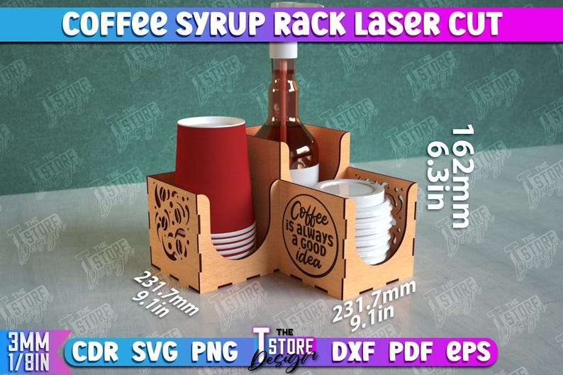 May include: Laser cut wooden coffee syrup rack with a brown and white design. The rack has a compartment for a bottle of syrup, a compartment for cups, and a compartment for lids. The rack is 6.3 inches tall, 9.1 inches wide, and 9.1 inches deep. The rack has the text "Coffee is always a good idea" on the front.