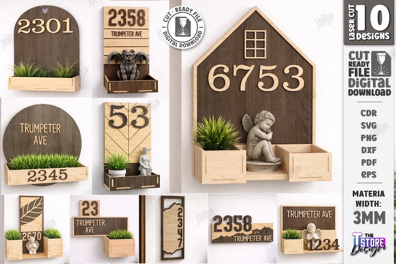 House Number Sign SVG - Laser Cut Address Plaque With Planter Box ...