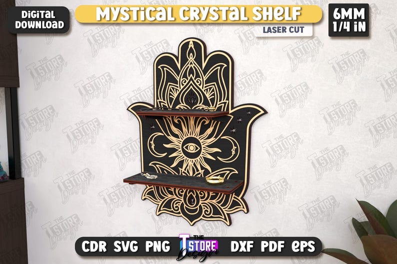 May include: Laser-cut wooden Mystical Crystal Shelf in the shape of a Hamsa hand. The shelf is black with gold accents and two shelves. The design includes a sun, moon, and floral patterns. The shelf is 6mm (1/4 in) thick.