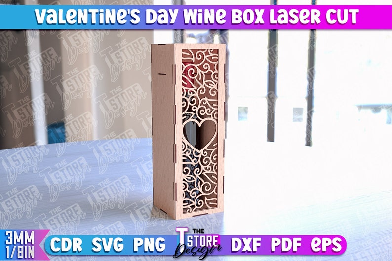 May include: Laser cut wine box with a heart-shaped cutout and intricate floral design. The box is made of wood and is ready to be assembled.