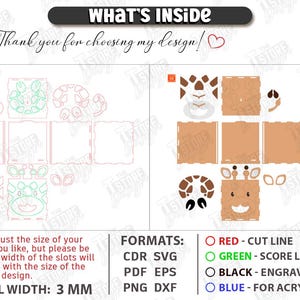 May include: A digital cut file design featuring a giraffe. The design includes cut lines in red, score lines in green, engraving in black, and lines for acrylic/glass in blue. The material width is 3 mm. The image includes the text "What's Inside" and "Thank you for choosing my design!"