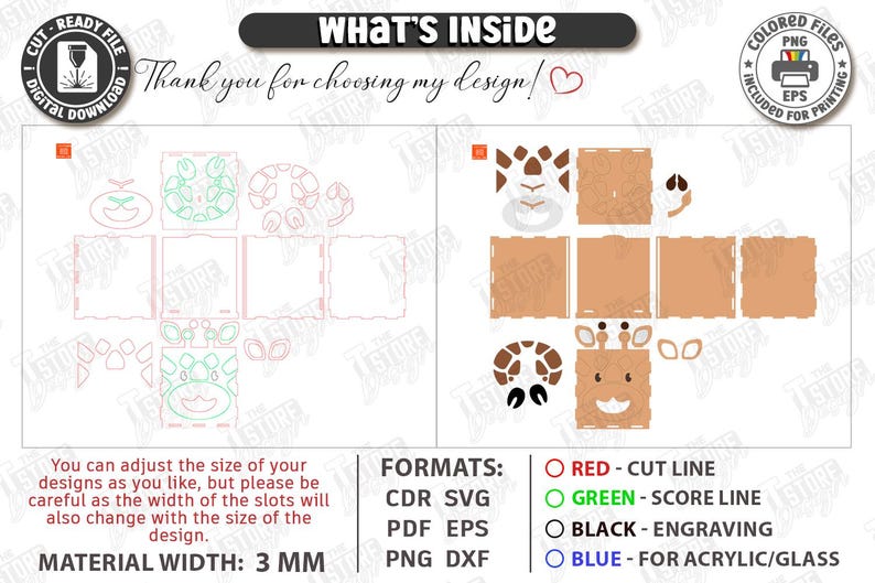 May include: A digital cut file design featuring a giraffe. The design includes cut lines in red, score lines in green, engraving in black, and lines for acrylic/glass in blue. The material width is 3 mm. The image includes the text "What's Inside" and "Thank you for choosing my design!"
