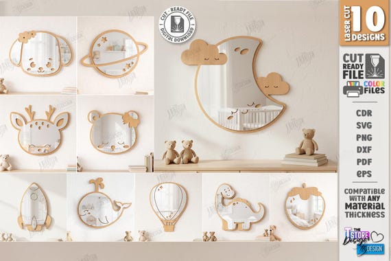 3d Kids room wall mirror laser cut bundle, nursery decor, layered mirror frame, nursery mirror design, home decor, baby mirror svg, animal