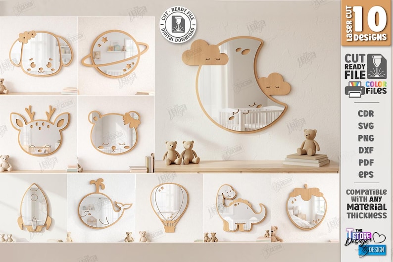 May include: A collection of ten laser-cut designs, including mirrors shaped like a dog, planet, deer, bear, moon, rocket, whale, hot air balloon, dinosaur, and strawberry. The designs are compatible with any material thickness and are available in various file formats.