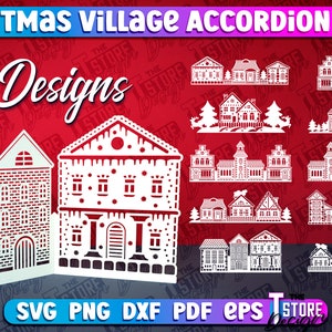 Weihnachtsdorf Akkordeon Karte SVG | Papierarbeiten | Weihnachtsdorf SVG | Winterdorf SVG