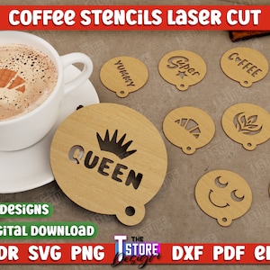 Pacote de estênceis de café cortados a laser, arquivos digitais de corte a laser de designs de café, estêncil redondo de café, padrão em café, amante de café, arquivos CNC