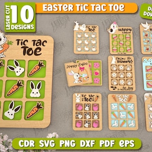 Peut inclure: Un ensemble de 10 fichiers de découpe numériques pour des jeux de Tic Tac Toe de Pâques. Les motifs présentent divers thèmes de Pâques, notamment des lapins, des œufs et des poussins. Les fichiers sont disponibles aux formats SVG, PNG, DXF, PDF et EPS.