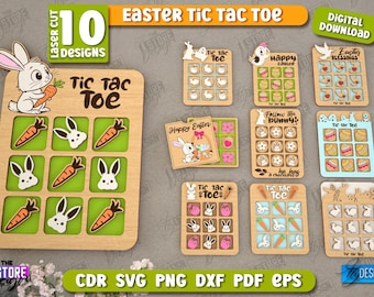 Easter tic tac toe laser cut bundle, Happy Easter tic tac toe svg, board game, bunny easter svg, easter egg svg, kids easter game lasercut