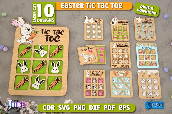 Easter tic tac toe laser cut bundle, Happy Easter tic tac toe svg, board game, bunny easter svg, easter egg svg, kids easter game lasercut