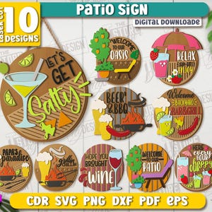 Patio signs laser cut bundle, summer patio door signs, round door hanger svg, welcome to our patio sign, outdoor decor svg, summer quotes