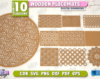 Paquete de manteles individuales de madera cortados con láser, manteles decorativos SVG, posavasos de madera cortados con láser, protectores de mesa de madera SVG, decoración de cocina cortada con láser