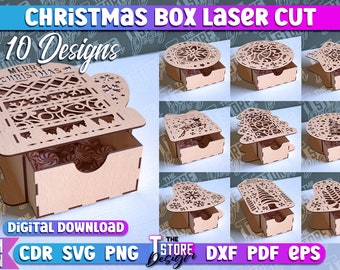 May include: Ten laser cut Christmas box designs with a drawer. The designs include a Christmas tree, a bell, a snowflake, and a star. The boxes are made of wood and are 3 mm thick. The designs are available in CDR, SVG, PNG, DXF, PDF, and EPS formats.